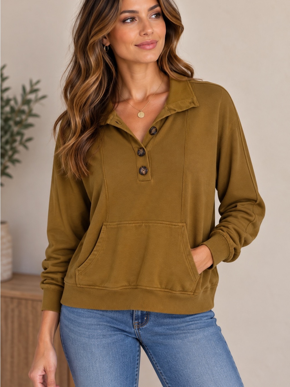 Lou & Grey Mustard Henley Pullover with Kangaroo Pocket